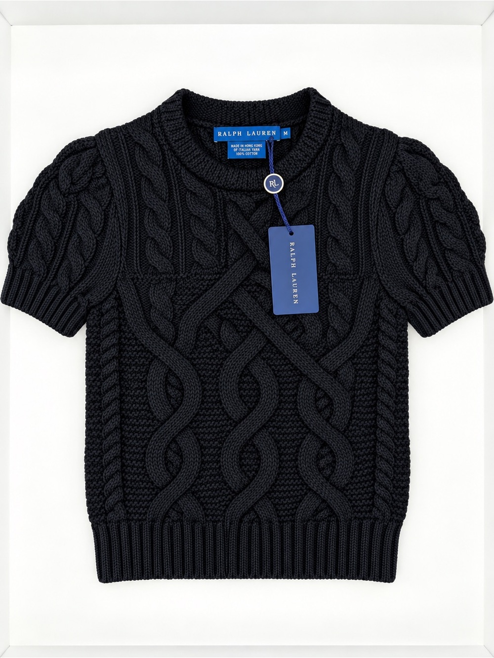 NWT Ralph Lauren Black Cable Knit Puff Sleeve Mock Neck Sweater M Italian Yarn